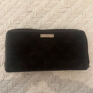 Auth Gucci Round Zip Purse #9911 Long Wallet GG Black Canvas Leather